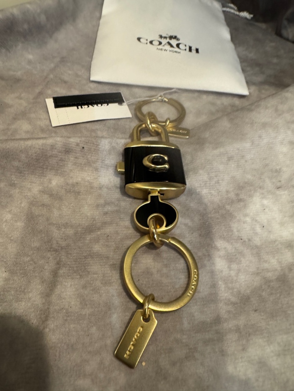 Coach Gold-Tone & Black Padlock Keychain Charm nwt with dust pouch - Picture 2 of 5